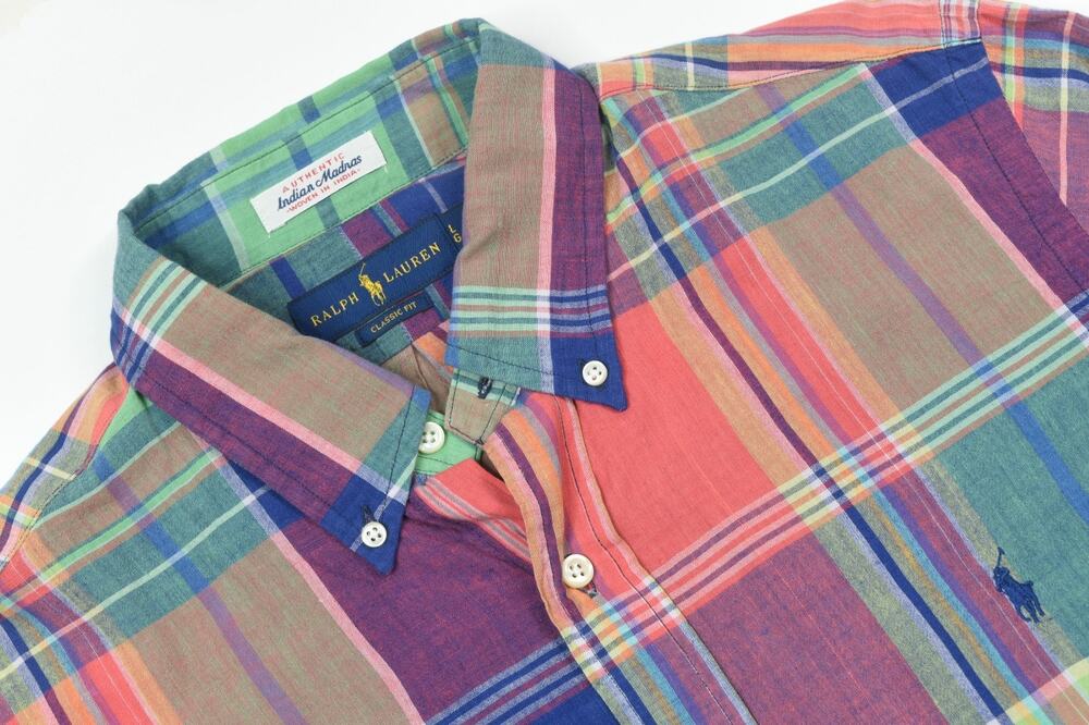 Ralph Lauren Madras Plaid Shirt Mens Large Red Green Plaid Long Sleeve Classic